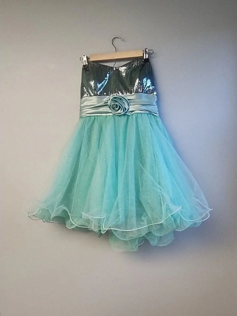 Aqua Green Sequin Bodice Tulle Party Dress with Rosette Sash